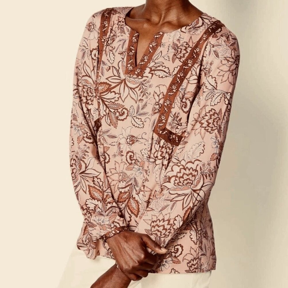 NWT J.Jill Boho Peasant Top Pale Pink & Brown Floral Earthy Accents V Neck BOHO